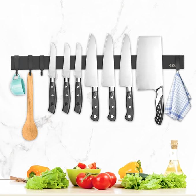 Dmore magnetic knife holder for wall—with 4 hooks, No Drilling 20 Inch black knife magnetic strip, Powerful knife magnet rack, include Adhesive Tape and screws for Knives, Utensils, and Tools by Dmorealwaysdomore