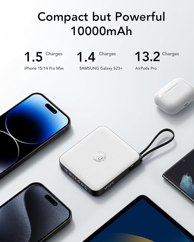 VRURC Battery Pack Portable Charger 10000mAh, 22.5W Fast Charging | Power Bank with Built-in Cable, LED Display for Cell Phone, for iPhone 17 16 15, Samsung Galaxy and USB-C Devices (White) - Image 6
