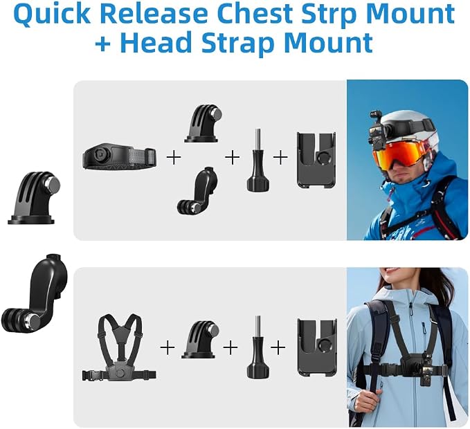 4 in 1 DJI Osmo Pocket 3 Accessories Kit,Quick Release Chest Mount Harness/Quick Release Head Strap Mount/ 360°Rotating Wrist Strap/Quick Clip Mount with Expansion Adapter (Set 1) - Image 2