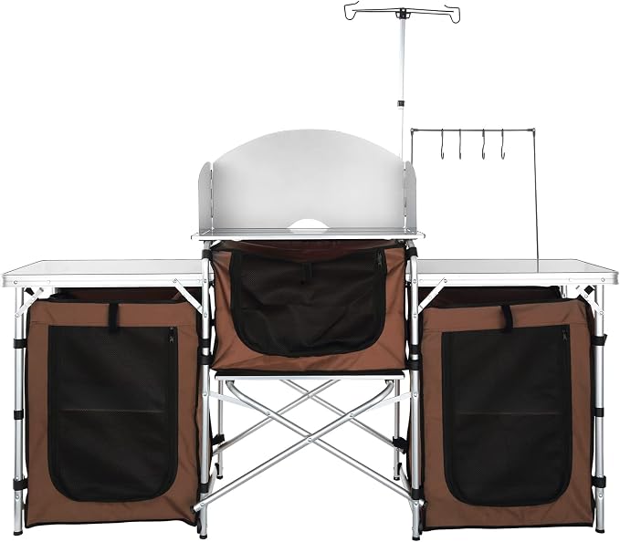 VEVOR Camping Kitchen Table, Folding Outdoor Cooking Table with Storage Carrying Bag, Aluminum Cook Station 3 Cupboard & Detachable Windscreen, Quick Set-up for Picnics, BBQ, RV Traveling, Brown - Image 10