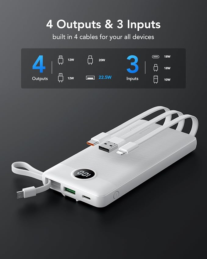 VRURC Power Bank for iPhone, 22.5W Portable Charger with Built-in Cables | 10000mAh USB C In & Out Cord Portable Phone Charger,Slim Lightweight Charging Bank Travel Essentail-White(1 Pack) - Image 3