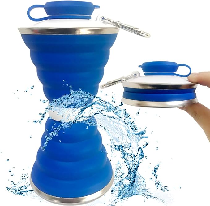 Collapsible Water Bottle, Camping Cup With Carabiner, Reuseable Silicone Foldable Leak Proof Portable Sports Travel Water Bottles For Outdoor, Travel Gym Hiking, BPA Free, Cycling Cups with Carabiner by SEMETOR