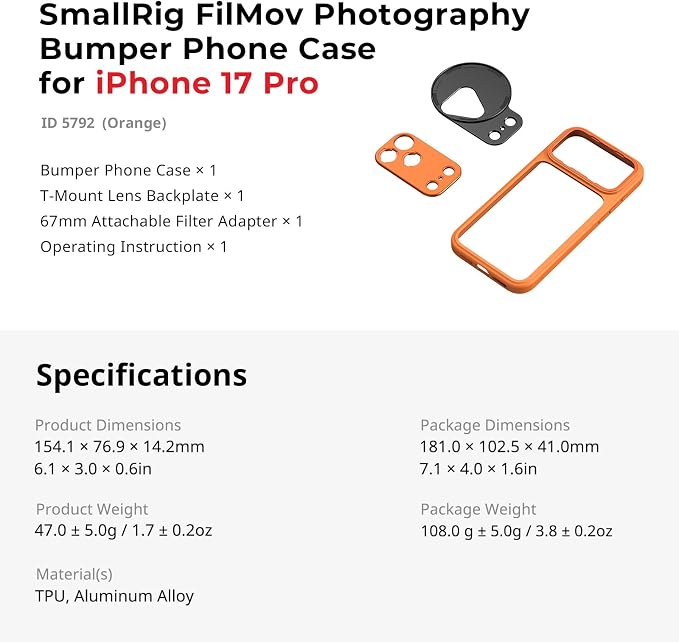 SMALLRIG FilMov Bumper Phone Case for iPhone 17 Pro, Hollow Back Design with Lens Backplate, 67mm Filter Adapter Compatible with Phone Gimbal Stabilizers, for DJI for Insta360, Orange- 5792 - Image 9