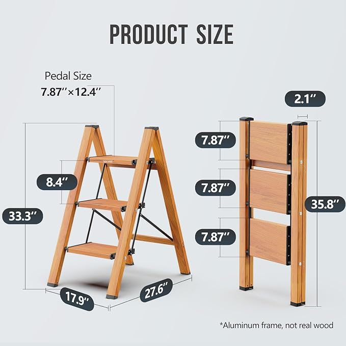 3 Step Ladder, Foldable Step Stool, 300lbs Load, Wood Grain | Folded 36''H x 3''T; Net 9 lbs; Rigid Aluminum Steps; No Assembly; For Home, Kitchen, Office, Pantry, Closets, Cabinets - Image 5