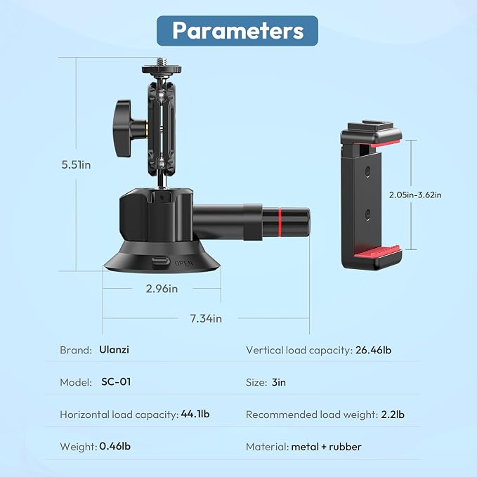 Ulanzi SC-01 Heavy-Duty Suction Cup Mount for Camera/Phone/Accessory (3"), Pump-actived Vacuum Suction Cup Mount, Magic Arm Phone Holder Action Cam Adapter Car Boats Windshield Window Mount - Image 7