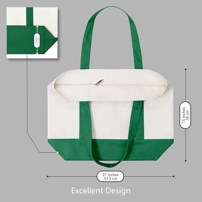 TOPDesign 3-Pack Canvas Tote Bags with an External Pocket, Reusable Grocery Shopping Bags, Top Zipper Closure, Daily Essentials (Green/Natural) - Image 5