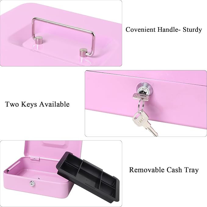 Jssmst Cash Box with Tray - Light Purple Money Box with Key Lock, Money Saving Box Lock Box, 9.84'' x 7.87'' x 2.6'', Light Purple - Image 4