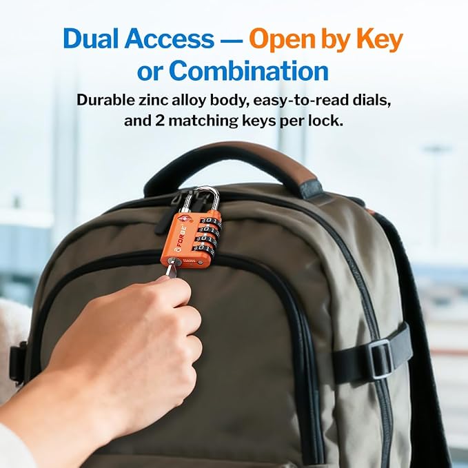 Forge Dual-Opening: Key or Combination Lock, TSA Approved Lock for Luggage, Pelican case, Travel, Gym, School, Luggage Combination Lock, Travel Bag Lock (Orange 2 Pk) - Image 2