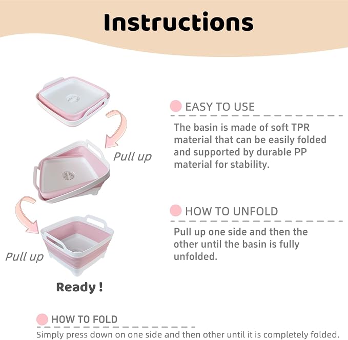Collapsible Wash Basin for Baby Bottles - 2.4 Gallons Portable Wash Bin for RV Camping Sink, Space-Saving Dish Tub (Pink) - Image 3
