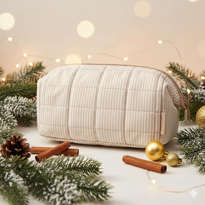 BAGSMART Makeup Bag Travel Toiletry Bag, Puffy Padded Make Up Bags for Women Makeup Organizer Case, Wide-open Pouch Purse Travel Essentials Toiletries Accessories Brushes, Strip Khaki Brown - Image 2
