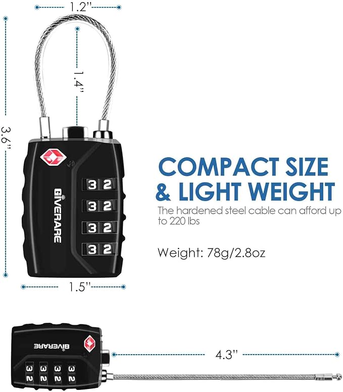 2 Pack TSA Approved Travel Luggage Locks, 4-Digit Metal Cable Combination Suitcase Lock, Alloy Padlocks, Weatherproof Padlock for Locker, Golf Bag, Gun Case, Backpack, Anti Theft-Black&Silver - Image 2