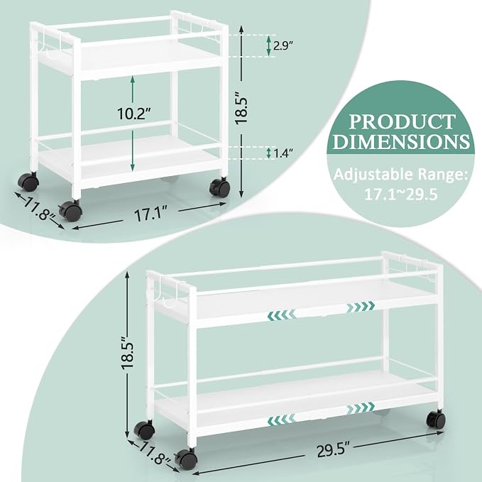 2 Pack 2-Tier Expandable Rolling Pantry Cart with Wheels, Adjustable Floor Organizer for Kitchen Pantry, Can Organizer for Pantry, Storage Cart for Snack, Food, Vegetables, White, Patent Pending - Image 3