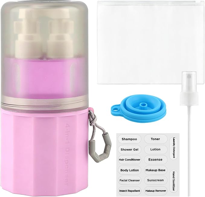 4 in 1 Wall Suction Travel Dispenser Bottles, TSA Approved Leak Proof Travel Size Toiletries Containers with Funnel Labels Bag, Refillable Shampoo Dispenser Kit, Pink - Image 2