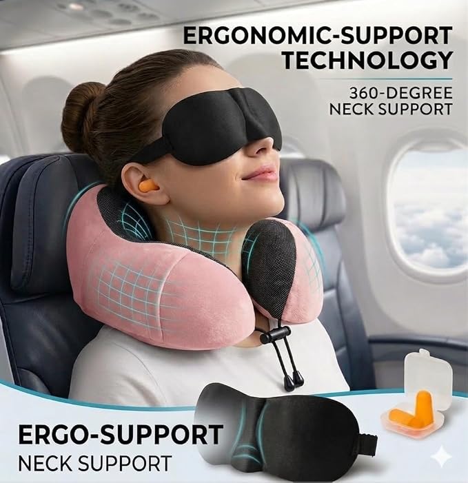 Airplane Travel Neck Pillow, 100% Memory Foam Ergonomic Neck Support, Airplanes Neck Pillow with Washable Cover Travel Essential for Flight Car & Office Includes Eye Masks, Earplugs & Carry Bag (Pink) - Image 4