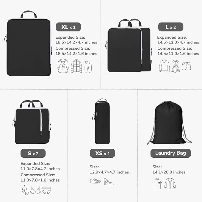7 Set Compression Travel Packing Cubes for Suitcases, Black | Travel Essentials for Suitcase, Luggage Organizer Bags for Travel with Shoe Bag, Travel Bags for Shoes, Clothing - Image 2
