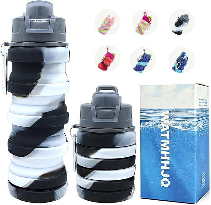 Silicone Collapsible Water Bottles, 16oz Portable Foldable Expandable Water Bottle Sports Cups, Leak Proof Reusable BPA Free, for Outdoor Activities Travel(Black white) by WATMHHJQ