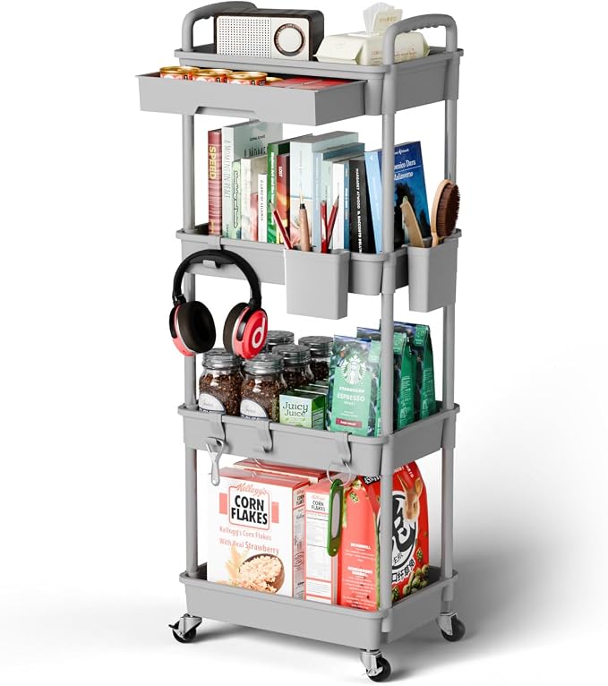 Sorgion 4 Tier Rolling Cart Organizer,Art Craft Diaper Bedside Snack Laundry Room Bathroom Organizer Narrow Thin Slim Rolling Trolley Utility Cart with Wheels for Kitchen,Office(Grey) by Sorgion