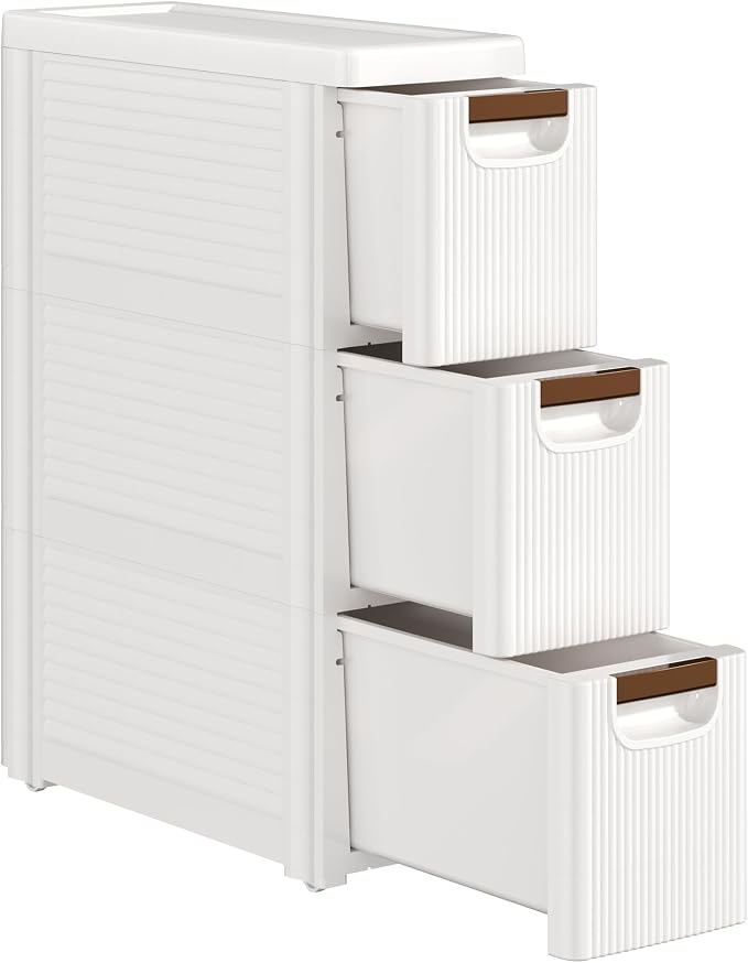 VECELO 3-Drawer Narrow Bathroom Storage Cabinet, Mobile Plastic Slim Rolling Organizer Cart with Built-in 4 Wheels for Living Room, Kitchen, Bathroom, Bedroom, Office, White(16.5" x 7.5" x 22.2") by VECELO