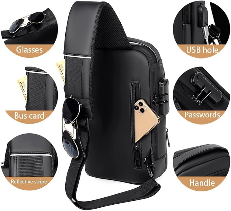 Travel Sling Bag Waterproof Crossbody Bag with Combination Lock Anti-Theft PU Leather Chest Bag - Image 5