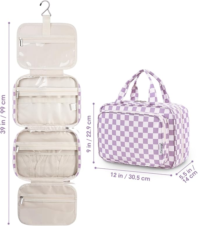 Narwey Travel Toiletry Bag for Women Large Hanging Makeup Bag Organizer Toiletries Bag for Full Size Essentials Accessories Cosmetics (Purple Checkerboard (Large)) - Image 9