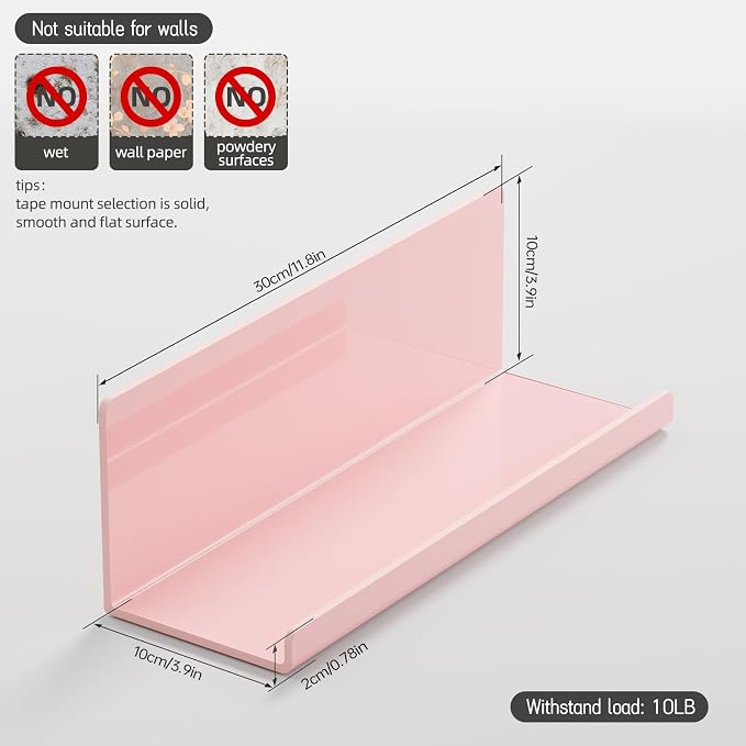 PAVSTINE Adhesive Floating Shelves for Wall No Drilling, 12 Inch Acrylic Self Adhesive Shelves, Stick on Shelves, Dorm Wall Shelf, for Bathroom, Kitchen, Bedroom, Office, Gaming Room, Pink - Image 3