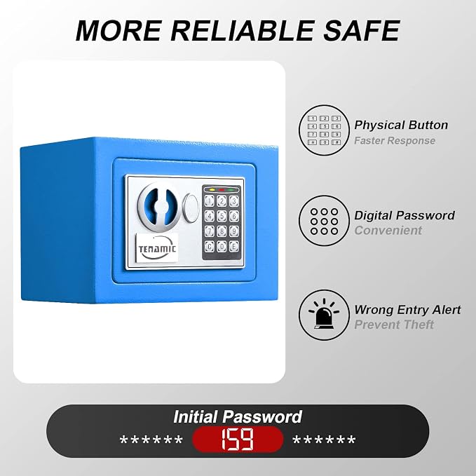 TENAMIC Safe Box 0.23 Cubic Feet Electronic Digital Security Box, Keypad Lock Box Cabinet Safes, Mini Safe Suitable for Office Hotel Home Safe, Blue - Image 3