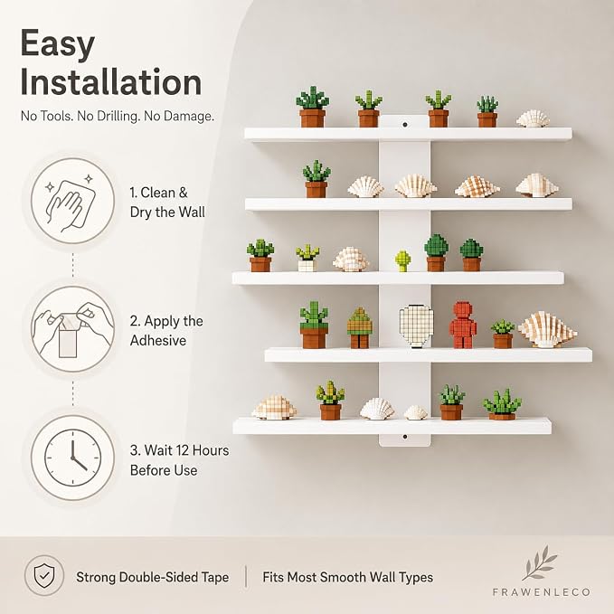 No Drill Wall Shelf, 5-Tier White Floating Shelves with Adhesive, Thickened 12mm PVC Board, Damage-Free Wall Mounted Organizer for Bathroom, Kitchen, Living Room, Bedroom(White) - Image 4