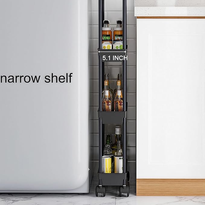 Sooyee 4 Tier Slim Storage Cart, Black | Rolling, Narrow Shelf, Mobile Shelving Unit Organizer, For Kitchen, Bathroom, Laundry Room - Image 3