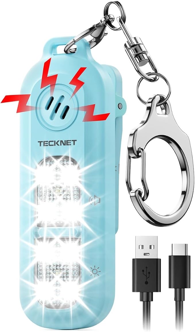 TECKNET Personal Safety Alarm 135dB with SOS Strobe Light for Women - Rechargeable& IPX4 Waterproof Running Lights with Clip On Torch & Low Battery Notice, Safety Siren for Running, Travel Kids, Blue by Tecknet
