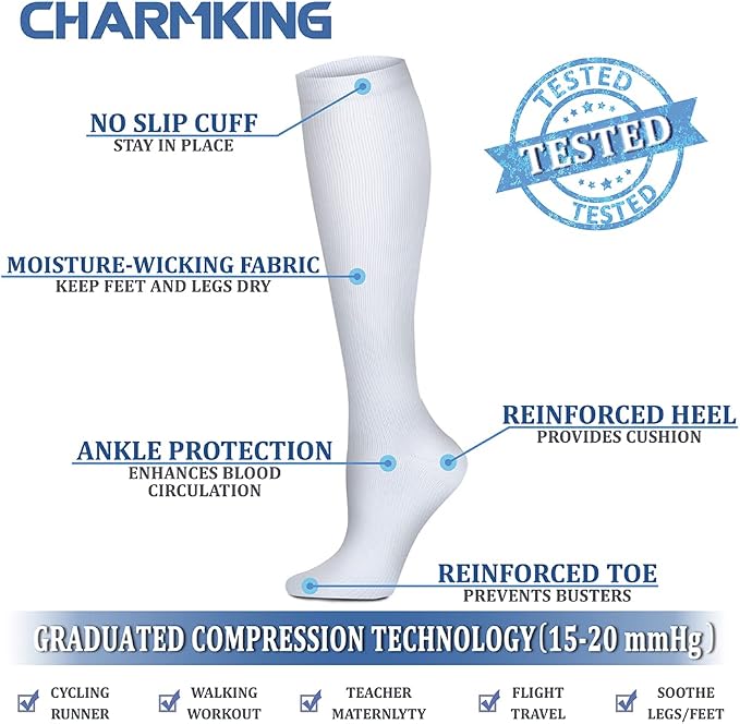 CHARMKING Compression Socks for Women & Men Circulation (8 Pairs) 15-20 mmHg Best Calf Socks Support for Athletic Cycling - Image 4