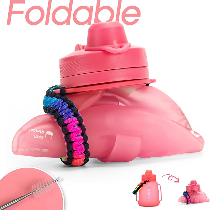TakeToday Collapsible Water Bottles for Outdoor, 40oz, Pink | Time Marker, BPA-Free Silicone, Folds for Travel, Paracord Handle for Hiking, Gym, Camping, Leakproof - Image 2