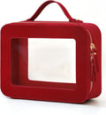 Clear Large Makeup Bag Mahjong Tile Bag with Zipper and Handle Red | Structured Large Travel Makeup Bag for Toiletries for Women, Big Long-trip Cosmetic Case, Waterproof PU Leather, Wide Opening by POPVIBE