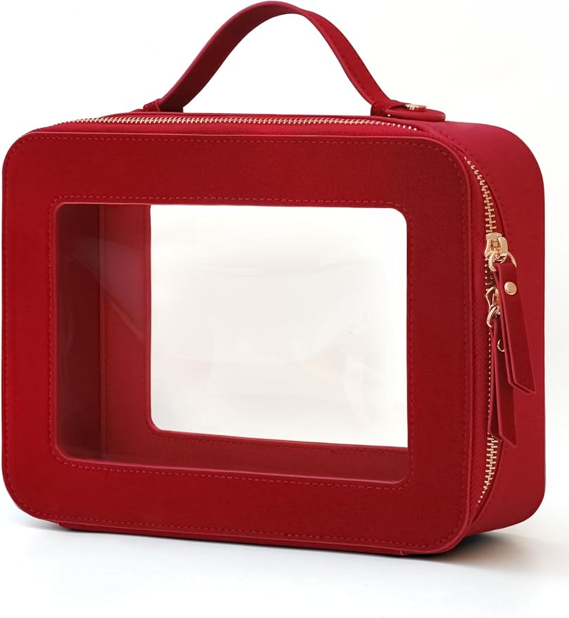 Clear Large Makeup Bag Mahjong Tile Bag with Zipper and Handle Red | Structured Large Travel Makeup Bag for Toiletries for Women, Big Long-trip Cosmetic Case, Waterproof PU Leather, Wide Opening by POPVIBE