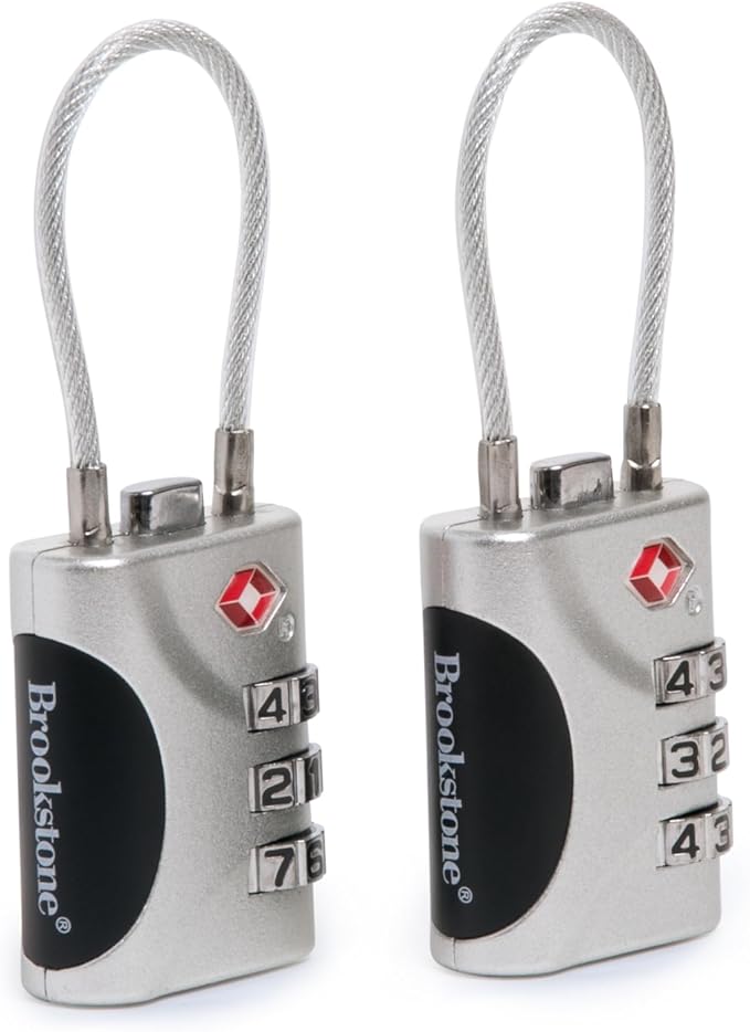 Brookstone Cable Luggage Locks, 2 Pack, TSA Approved, Resettable | 3-Digit Combination Lets You Set Your Own Code, Slim Design Threads Through Zippers or Straps, Great for Bags by Brookstone