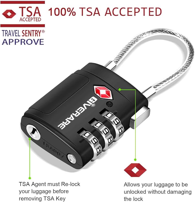 2 Pack TSA Approved Luggage Locks, Cable Travel Lock Alloy, Set Your Own Combination Metal Suitcase Zipper Padlock, 3-Digit Long Shackle Padlocks for Gym Locker, Golf Bag, Case Anti Theft-Black - Image 4