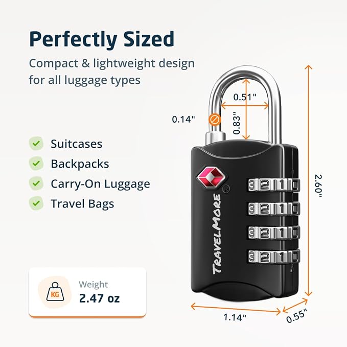 Luggage Locks TSA Approved, 4-Digit Travel Combination Locks | TSA Accepted, Easy to Use, Compact, Lightweight, Durable, Zinc Alloy Body, for Suitcases, Backpacks, Zippers, 3-Pack, Black - Image 2