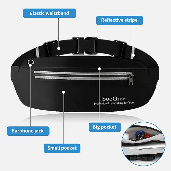 SooGree Running Waist Pack for Men Women, Lightweight Waterproof Sports Belt Bag, Phone Running Pouch, Night Reflective Fitness Storage Bag for Running Cycling Hiking Traveling (Black) - Image 5