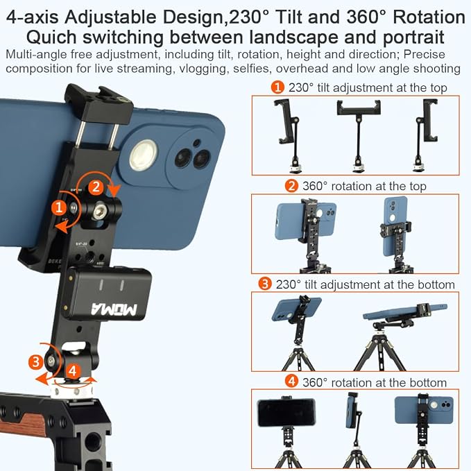 Aluminum Phone Tripod Mount Adapter with Cold Shoe and 1/4” Threaded Holes, 360° Rotation 230° Tilt Camera Phone Holder Mount for iphone Camera Monitoring Gimbals Stabilizers Tripods Phone Holder - Image 2