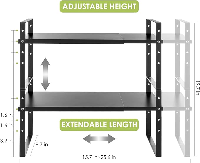 Across-Star Expandable Cabinet Shelf Organizer Rack, Stackable Kitchen Countertop Organizer Storage Shelves, Adjustable Height Pantry Counter Shelf Riser Spice Rack (Black, 2 Pack) - Image 5