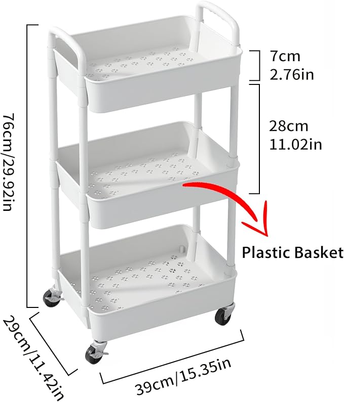Sywhitta 3-Tier Plastic Rolling Utility Cart with Wheels for Storage,White | Multi-Functional Storage Trolley, for Office, Living Room, Kitchen, Bathroom,Movable Organizer,Space-Saving,Easy to assemble - Image 2