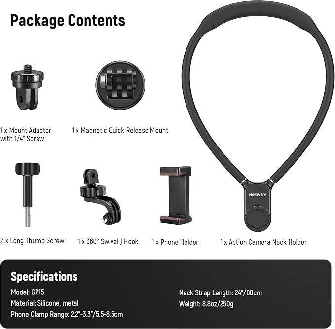 NEEWER Magnetic Neck Mount Compatible with GoPro DJI Insta360 iPhone, GP15 | Compatible with Hero 13 12 11 MAX DJI Action 4 Insta360, Quick Release, Flexible POV Action Camera Mount Adapter Phone Holder - Image 9