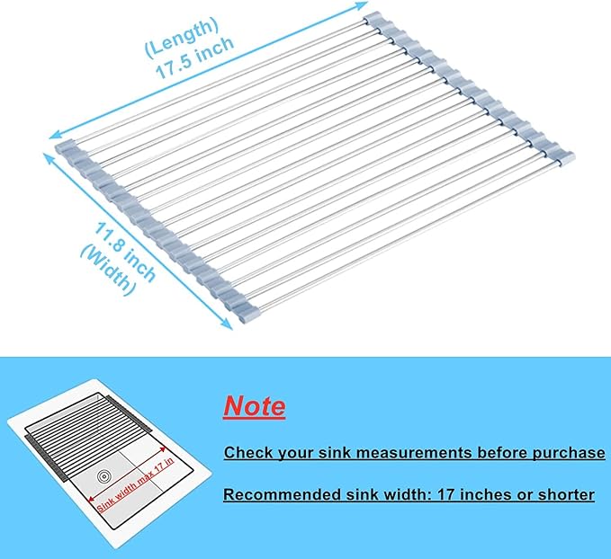 Seropy Roll Up Dish Drying Rack, Over the Sink Dish Drying Rack Kitchen Rolling Dish Drainer, Foldable Sink Rack Mat Stainless Steel Wire Dish Drying Rack for Kitchen Sink Counter Storage 17.5x11.8 - Image 4