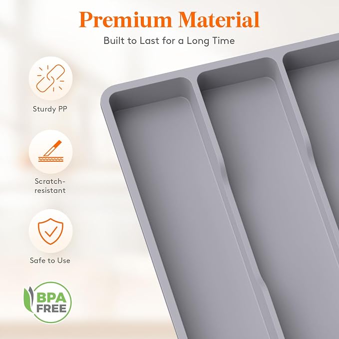 Lifewit Utensil Organizer for Kitchen Drawer, Expandable Cooking Tray | Adjustable Cutlery Flatware Holder, Plastic Silverware Spatula Tools Storage Divider, 11.9-17.3 x 15.8", Gray - Image 5