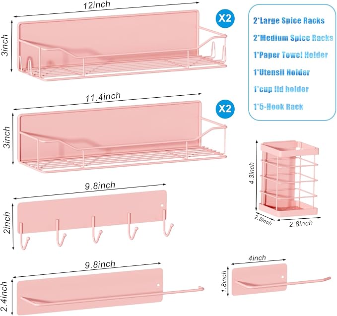 Magnetic Spice Rack for Refrigerator,8 Pack Magnetic Fridge Shelf, Moveable Spice Organizer with Hook Rack, Paper Towel Holder, Utensil Holder,cup lid holder, Super Magnetic Rack Set (Pink) - Image 2