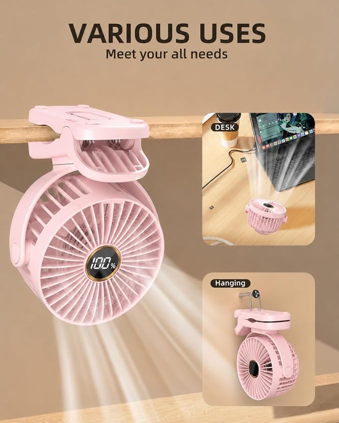 TUNISE Mini Clip on Fan, Battery Operated Desk Fan, Digital display，3 Speeds Adjustable, Bidirectional 360 ° Adjustable, Super Strong Wind, Portable Fan for Home, Office, Camping - Image 3