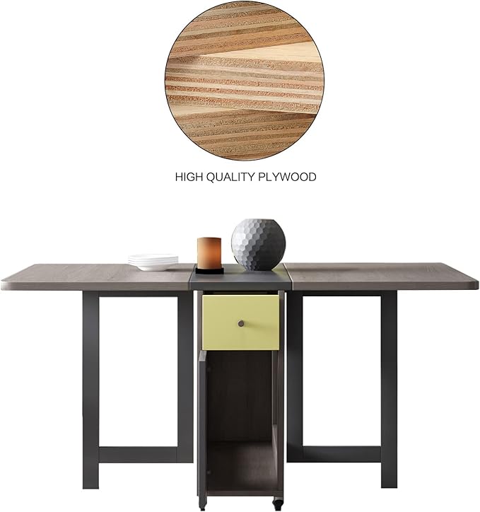 Drop Leaf Folding Dining Table with Storage, 2 Drawers, Grey | 3 Foldable Forms, Space Saving, Movable on Casters, for Kitchen Dining Living Room, Extendable, Versatile - Image 5