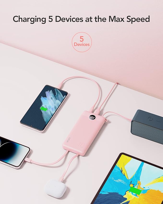 VRURC Portable Charger Power Bank, Built-in 4 Cables & 2 Ports,10000mAh Slim Battery Pack with LED Display, Travel Essential USB C Portable Phone Charger for All Cell Phones Devices-Pink(1 Pack) - Image 4