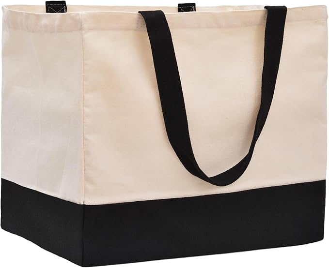 Extra Large Canvas Tote Bag with Pockets, Reusable Grocery Bags Heavy Duty | 14.6 x 10.2 x 13 in Holds 60 lbs Washable Eco-friendly Tote Bags for Shopping/Picnics/Beach/Laundry, Off White+Black 1 Pack by CNaiyunpin