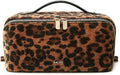 EACHY Travel Makeup Bag for Women, Flat Open Leopard Print Cosmetic Bag | Leopard-print PU leather cosmetic bag opens flat with dividers and clear TPU brush pocket for makeup and travel essentials by EACHY