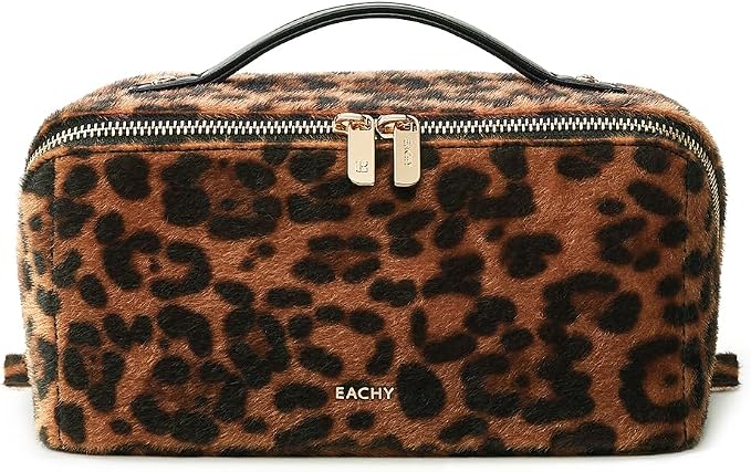 EACHY Travel Makeup Bag for Women, Flat Open Leopard Print Cosmetic Bag | Leopard-print PU leather cosmetic bag opens flat with dividers and clear TPU brush pocket for makeup and travel essentials by EACHY